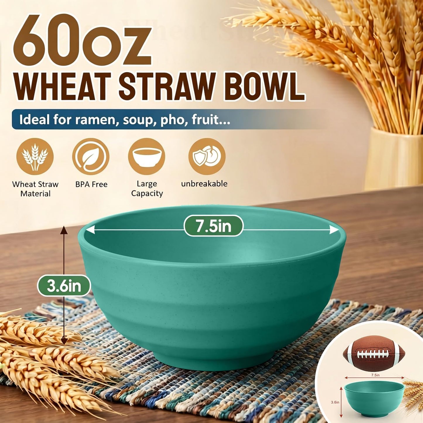 Wheat Straw Bowls 40 OZ, Unbreakable Salad Container for Lunch, Plastic Bowls with Lids, Microwavable Meal Prep Bowls for Cereal, Ramen, Soup, Leftovers - 4 Large Bowls and 4 Lids, Multi