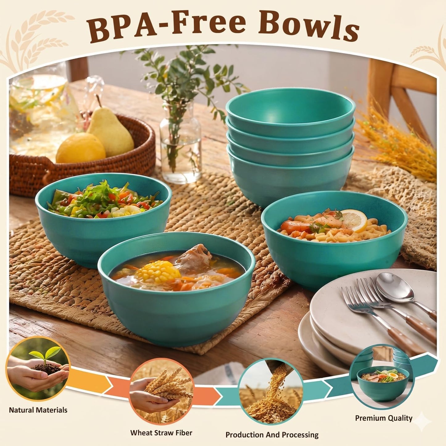 Wheat Straw Bowls 40 OZ, Unbreakable Salad Container for Lunch, Plastic Bowls with Lids, Microwavable Meal Prep Bowls for Cereal, Ramen, Soup, Leftovers - 4 Large Bowls and 4 Lids, Multi