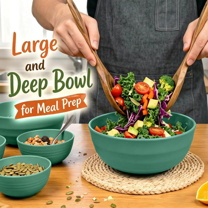 Wheat Straw Bowls 40 OZ, Unbreakable Salad Container for Lunch, Plastic Bowls with Lids, Microwavable Meal Prep Bowls for Cereal, Ramen, Soup, Leftovers - 4 Large Bowls and 4 Lids, Multi