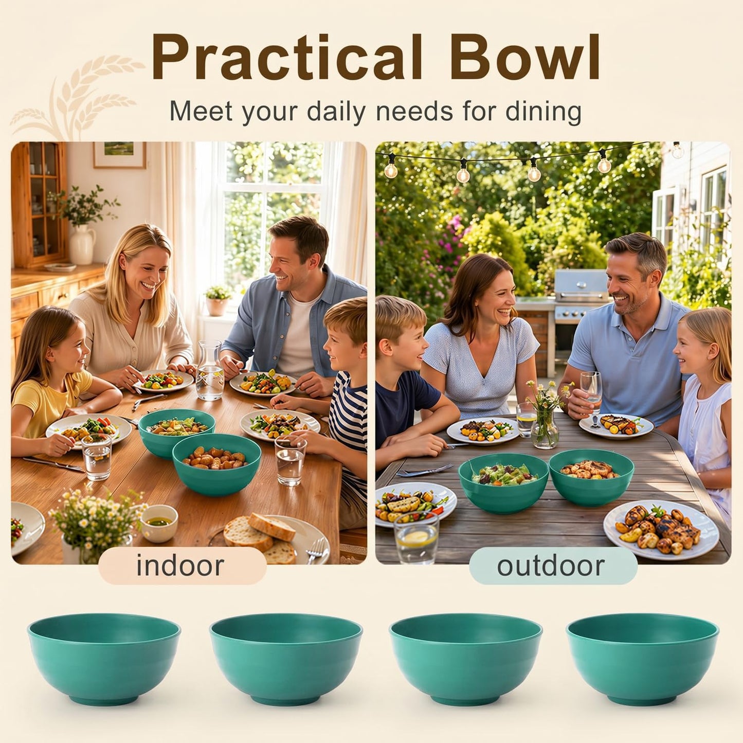 Wheat Straw Bowls 40 OZ, Unbreakable Salad Container for Lunch, Plastic Bowls with Lids, Microwavable Meal Prep Bowls for Cereal, Ramen, Soup, Leftovers - 4 Large Bowls and 4 Lids, Multi