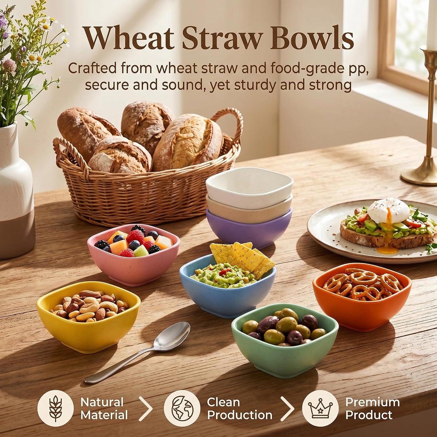 Wheat Straw Bowls 40 OZ, Unbreakable Salad Container for Lunch, Plastic Bowls with Lids, Microwavable Meal Prep Bowls for Cereal, Ramen, Soup, Leftovers - 4 Large Bowls and 4 Lids, Multi