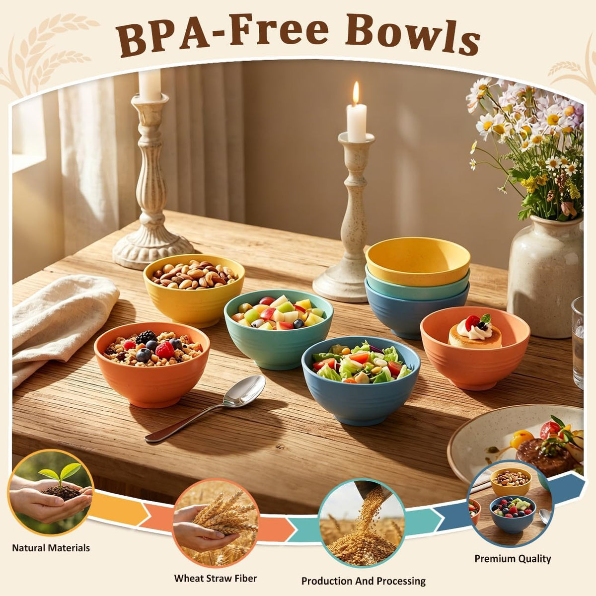 Wheat Straw Bowls 40 OZ, Unbreakable Salad Container for Lunch, Plastic Bowls with Lids, Microwavable Meal Prep Bowls for Cereal, Ramen, Soup, Leftovers - 4 Large Bowls and 4 Lids, Multi
