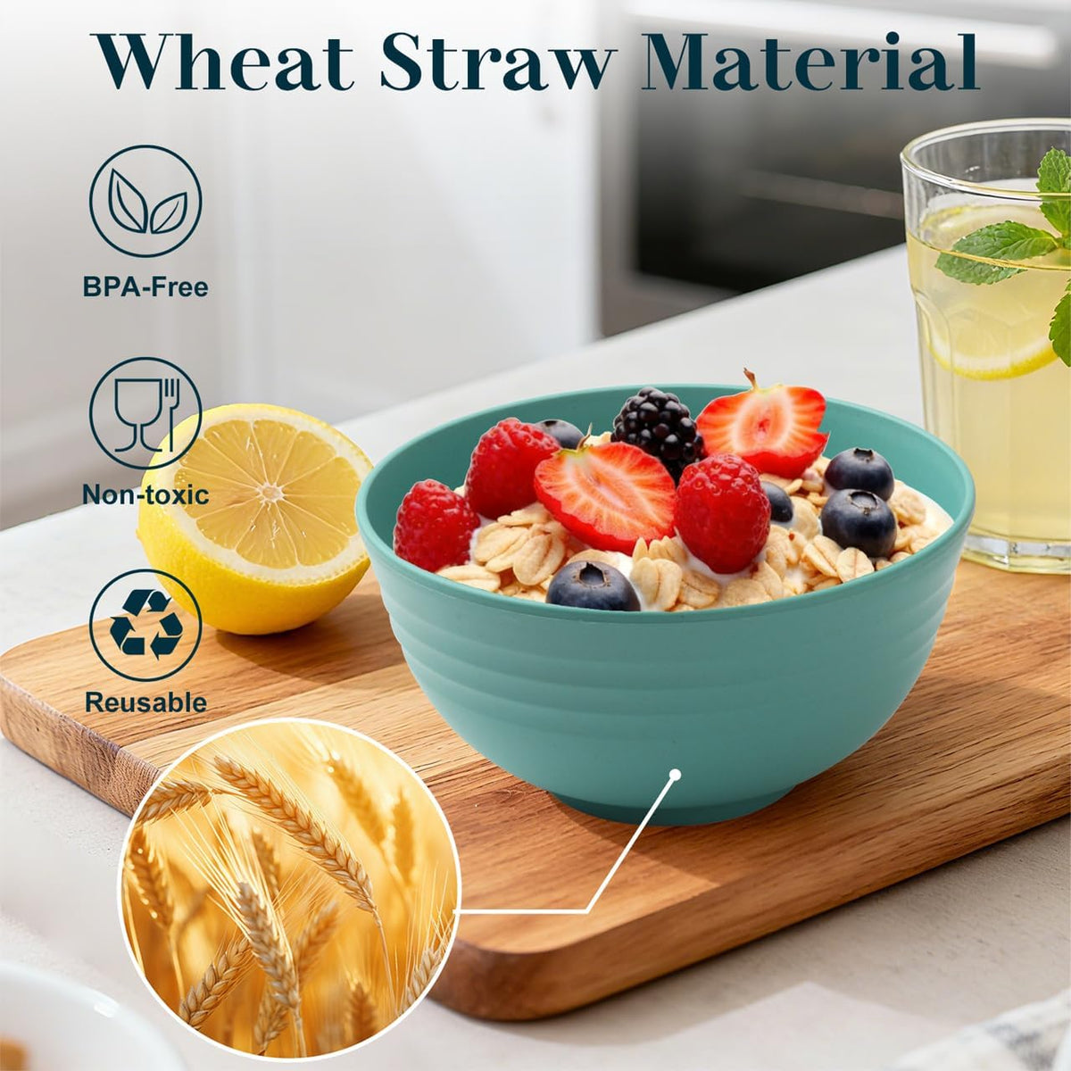 Wheat Straw Bowls 40 OZ, Unbreakable Salad Container for Lunch, Plastic Bowls with Lids, Microwavable Meal Prep Bowls for Cereal, Ramen, Soup, Leftovers - 4 Large Bowls and 4 Lids, Multi