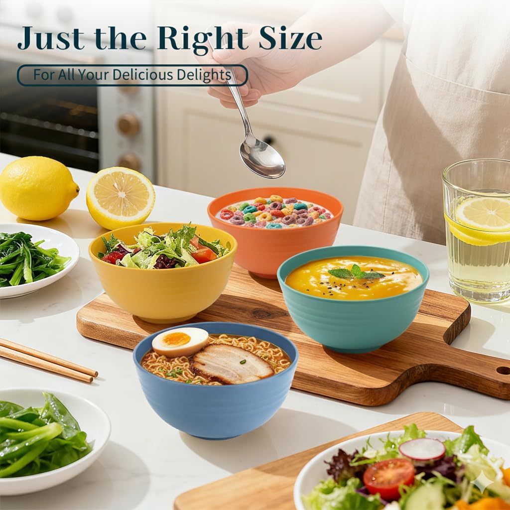 Wheat Straw Bowls 40 OZ, Unbreakable Salad Container for Lunch, Plastic Bowls with Lids, Microwavable Meal Prep Bowls for Cereal, Ramen, Soup, Leftovers - 4 Large Bowls and 4 Lids, Multi