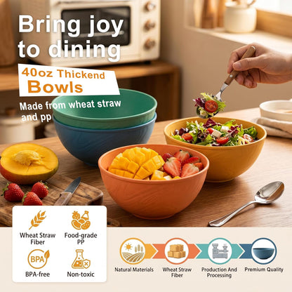 Wheat Straw Bowls 40 OZ, Unbreakable Salad Container for Lunch, Plastic Bowls with Lids, Microwavable Meal Prep Bowls for Cereal, Ramen, Soup, Leftovers - 4 Large Bowls and 4 Lids, Multi
