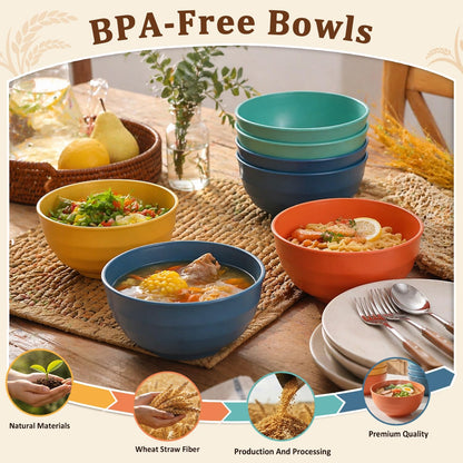 Wheat Straw Bowls 40 OZ, Unbreakable Salad Container for Lunch, Plastic Bowls with Lids, Microwavable Meal Prep Bowls for Cereal, Ramen, Soup, Leftovers - 4 Large Bowls and 4 Lids, Multi
