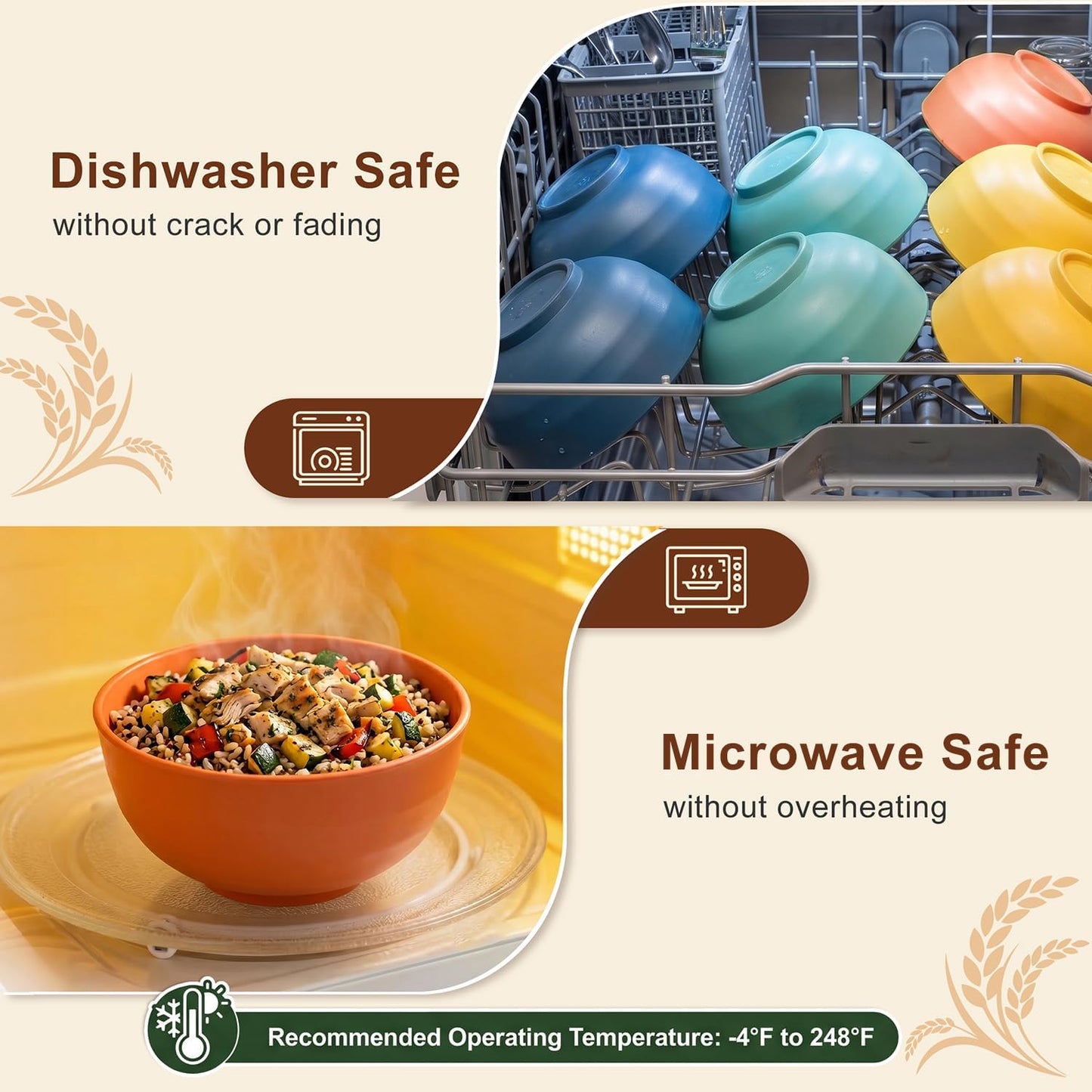 Wheat Straw Bowls 40 OZ, Unbreakable Salad Container for Lunch, Plastic Bowls with Lids, Microwavable Meal Prep Bowls for Cereal, Ramen, Soup, Leftovers - 4 Large Bowls and 4 Lids, Multi