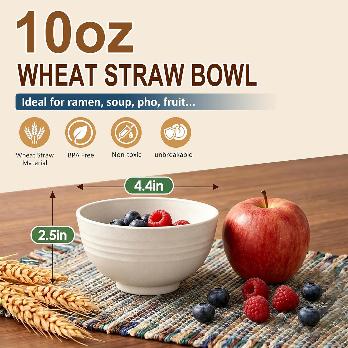 Wheat Straw Bowls 40 OZ, Unbreakable Salad Container for Lunch, Plastic Bowls with Lids, Microwavable Meal Prep Bowls for Cereal, Ramen, Soup, Leftovers - 4 Large Bowls and 4 Lids, Multi