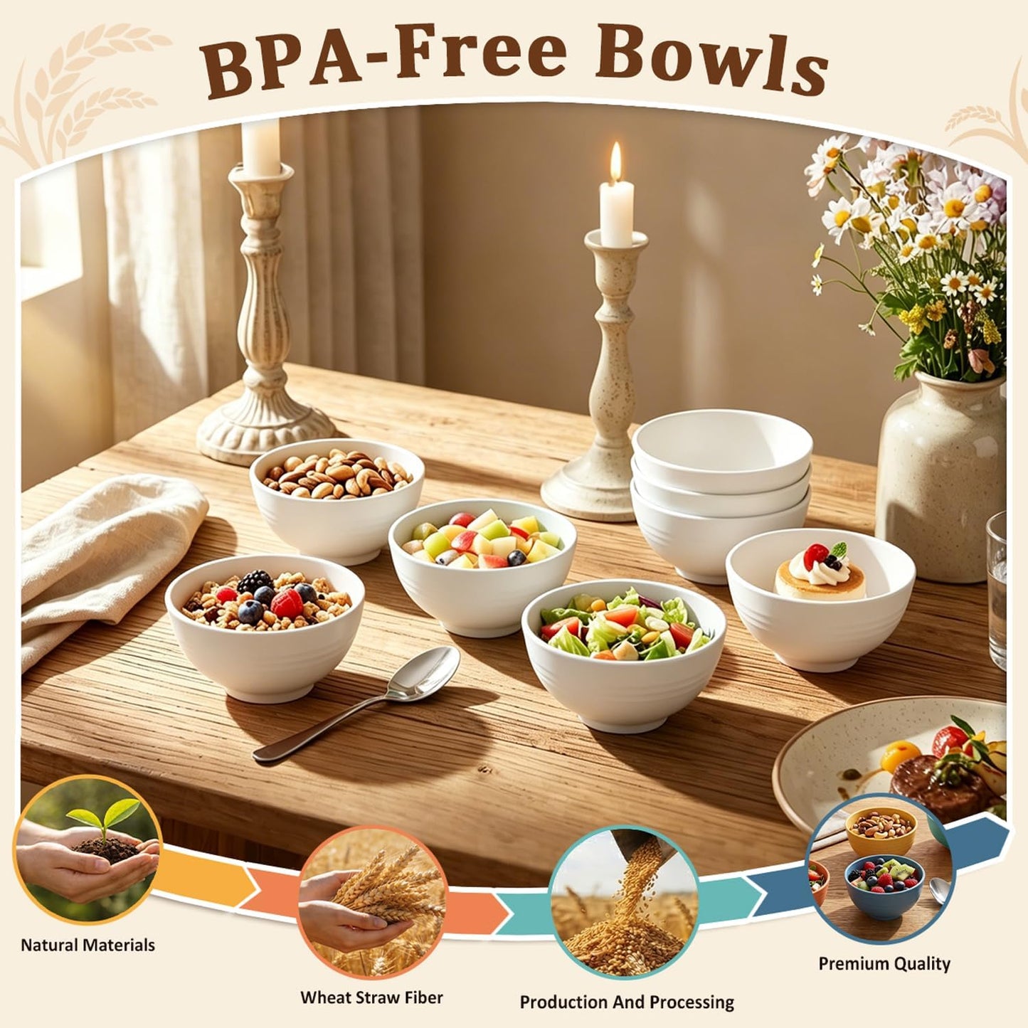 Wheat Straw Bowls 40 OZ, Unbreakable Salad Container for Lunch, Plastic Bowls with Lids, Microwavable Meal Prep Bowls for Cereal, Ramen, Soup, Leftovers - 4 Large Bowls and 4 Lids, Multi