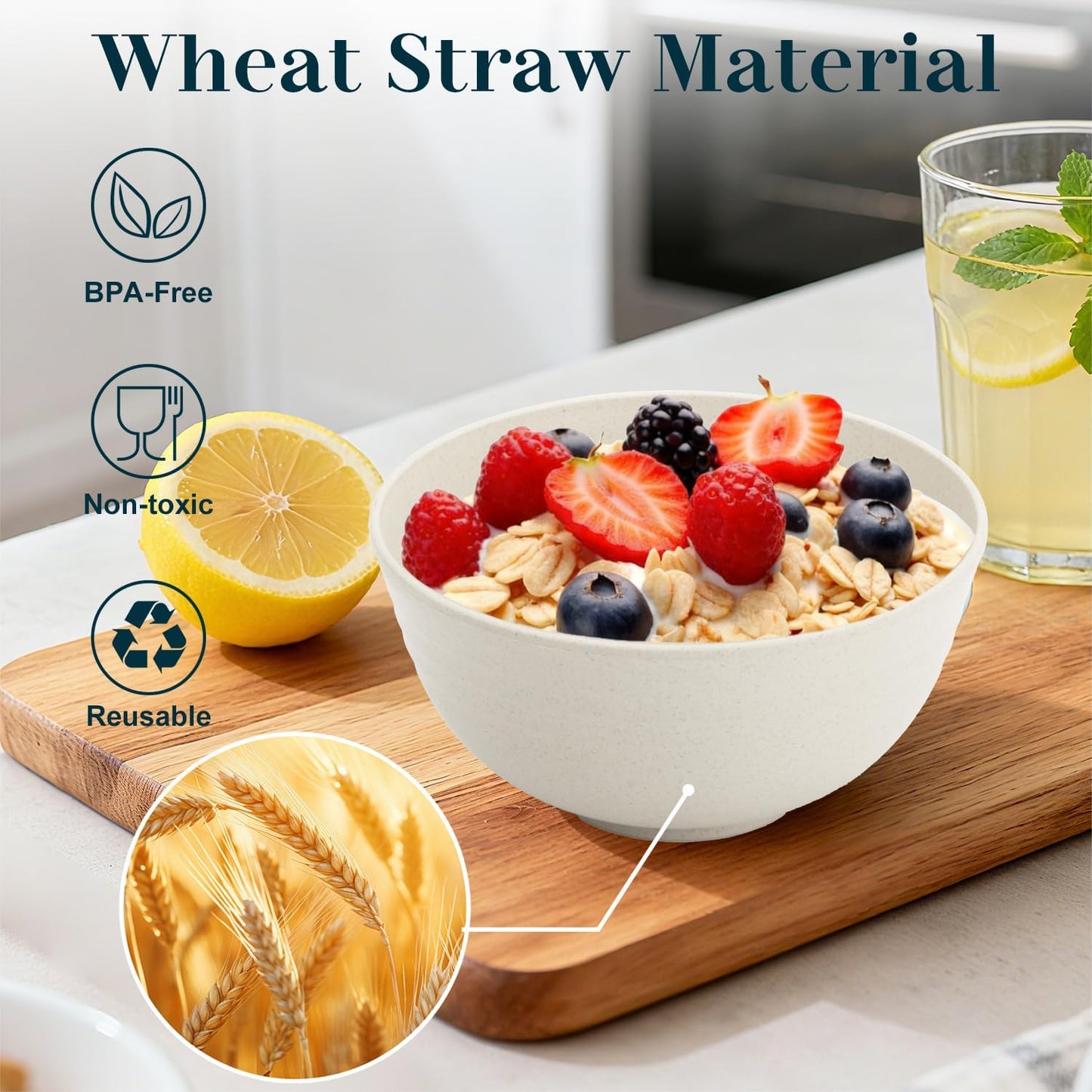 Wheat Straw Bowls 40 OZ, Unbreakable Salad Container for Lunch, Plastic Bowls with Lids, Microwavable Meal Prep Bowls for Cereal, Ramen, Soup, Leftovers - 4 Large Bowls and 4 Lids, Multi