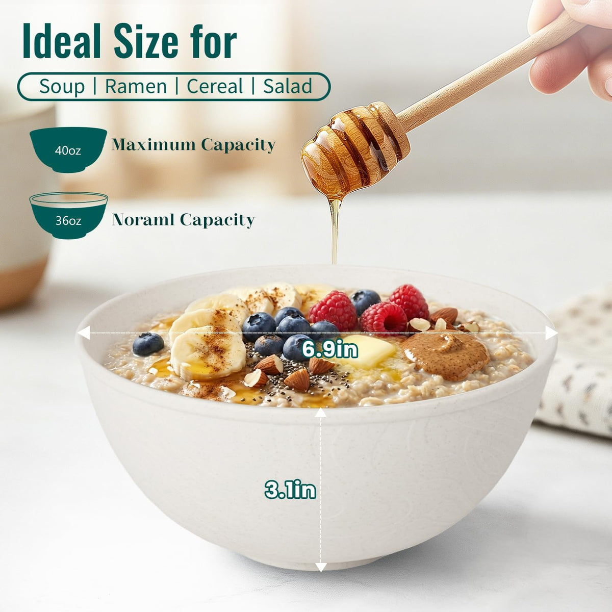 Wheat Straw Bowls 40 OZ, Unbreakable Salad Container for Lunch, Plastic Bowls with Lids, Microwavable Meal Prep Bowls for Cereal, Ramen, Soup, Leftovers - 4 Large Bowls and 4 Lids, Multi