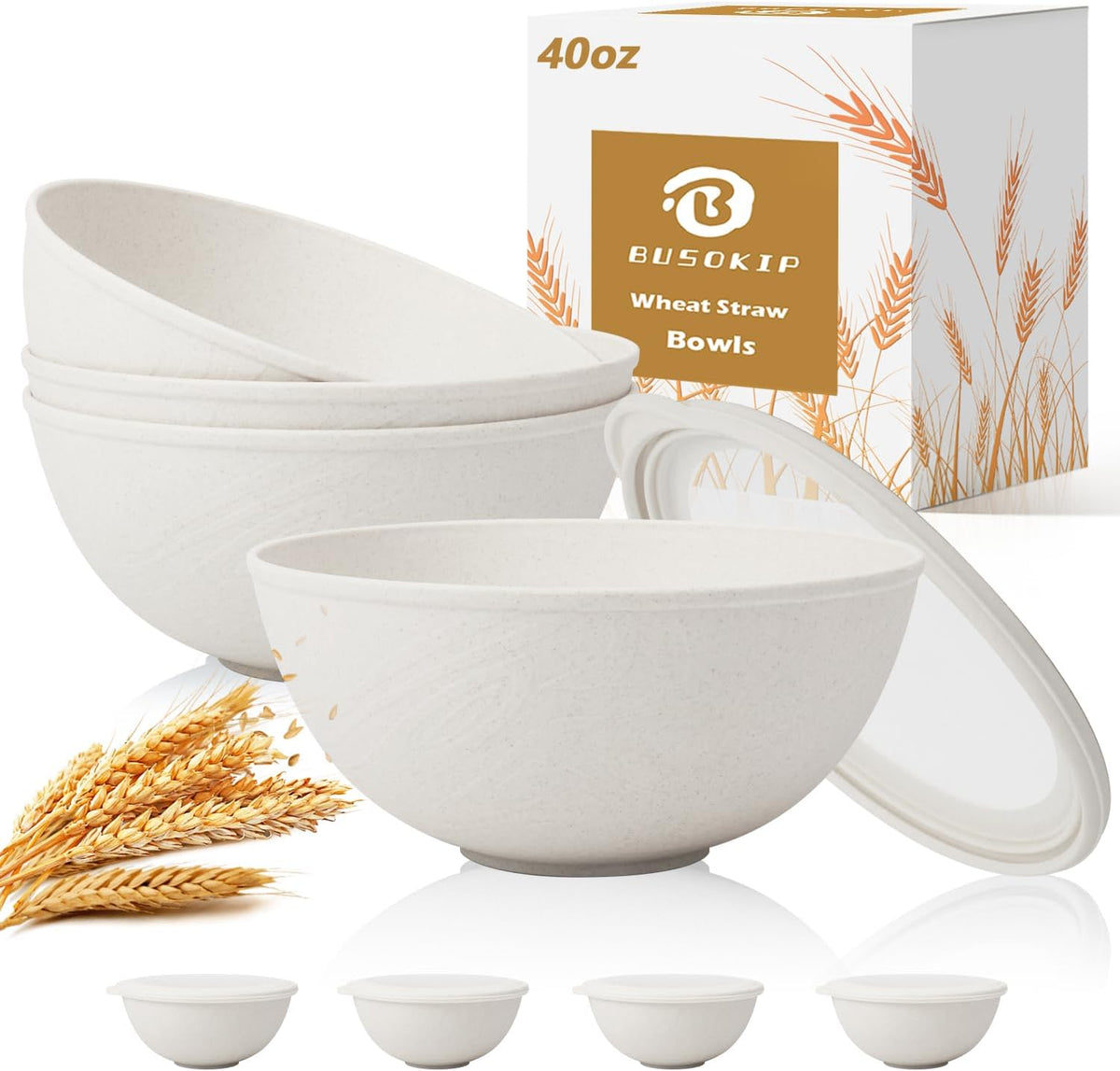 Wheat Straw Bowls 40 OZ, Unbreakable Salad Container for Lunch, Plastic Bowls with Lids, Microwavable Meal Prep Bowls for Cereal, Ramen, Soup, Leftovers - 4 Large Bowls and 4 Lids, Multi