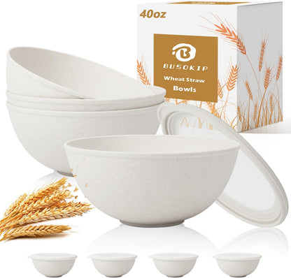 Wheat Straw Bowls 40 OZ, Unbreakable Salad Container for Lunch, Plastic Bowls with Lids, Microwavable Meal Prep Bowls for Cereal, Ramen, Soup, Leftovers - 4 Large Bowls and 4 Lids, Multi