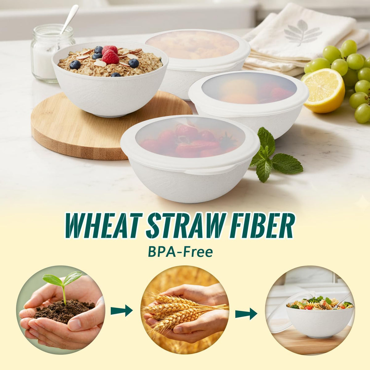 Wheat Straw Bowls 40 OZ, Unbreakable Salad Container for Lunch, Plastic Bowls with Lids, Microwavable Meal Prep Bowls for Cereal, Ramen, Soup, Leftovers - 4 Large Bowls and 4 Lids, Multi