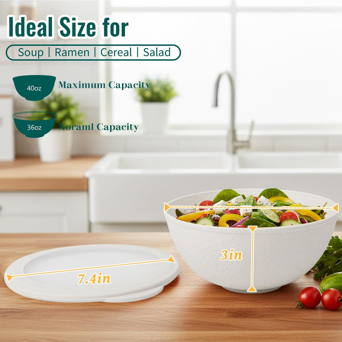 Wheat Straw Bowls 40 OZ, Unbreakable Salad Container for Lunch, Plastic Bowls with Lids, Microwavable Meal Prep Bowls for Cereal, Ramen, Soup, Leftovers - 4 Large Bowls and 4 Lids, Multi