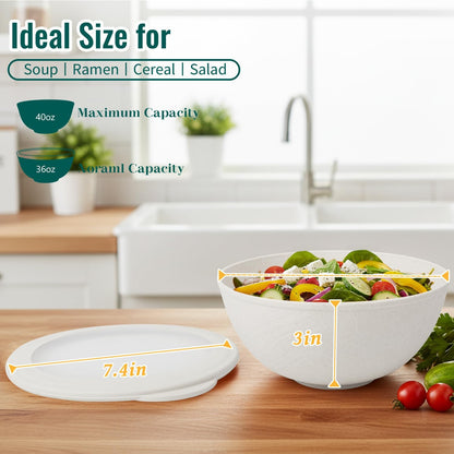Wheat Straw Bowls 40 OZ, Unbreakable Salad Container for Lunch, Plastic Bowls with Lids, Microwavable Meal Prep Bowls for Cereal, Ramen, Soup, Leftovers - 4 Large Bowls and 4 Lids, Multi