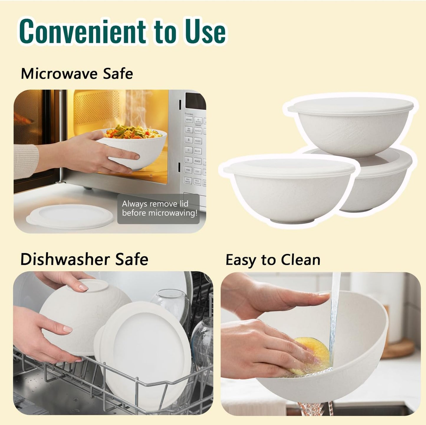Wheat Straw Bowls 40 OZ, Unbreakable Salad Container for Lunch, Plastic Bowls with Lids, Microwavable Meal Prep Bowls for Cereal, Ramen, Soup, Leftovers - 4 Large Bowls and 4 Lids, Multi