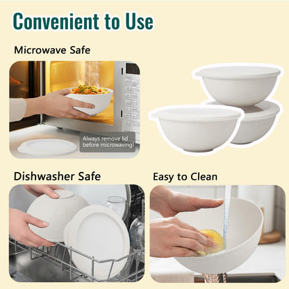 Wheat Straw Bowls 40 OZ, Unbreakable Salad Container for Lunch, Plastic Bowls with Lids, Microwavable Meal Prep Bowls for Cereal, Ramen, Soup, Leftovers - 4 Large Bowls and 4 Lids, Multi