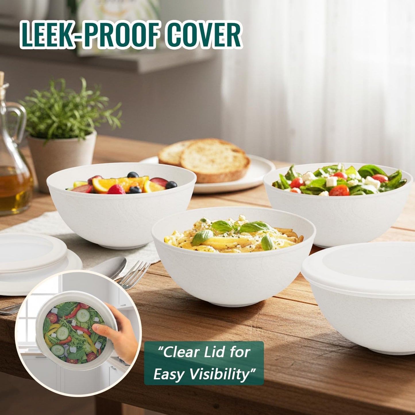 Wheat Straw Bowls 40 OZ, Unbreakable Salad Container for Lunch, Plastic Bowls with Lids, Microwavable Meal Prep Bowls for Cereal, Ramen, Soup, Leftovers - 4 Large Bowls and 4 Lids, Multi