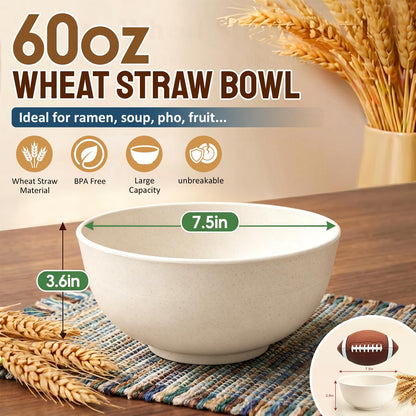 Wheat Straw Bowls 40 OZ, Unbreakable Salad Container for Lunch, Plastic Bowls with Lids, Microwavable Meal Prep Bowls for Cereal, Ramen, Soup, Leftovers - 4 Large Bowls and 4 Lids, Multi