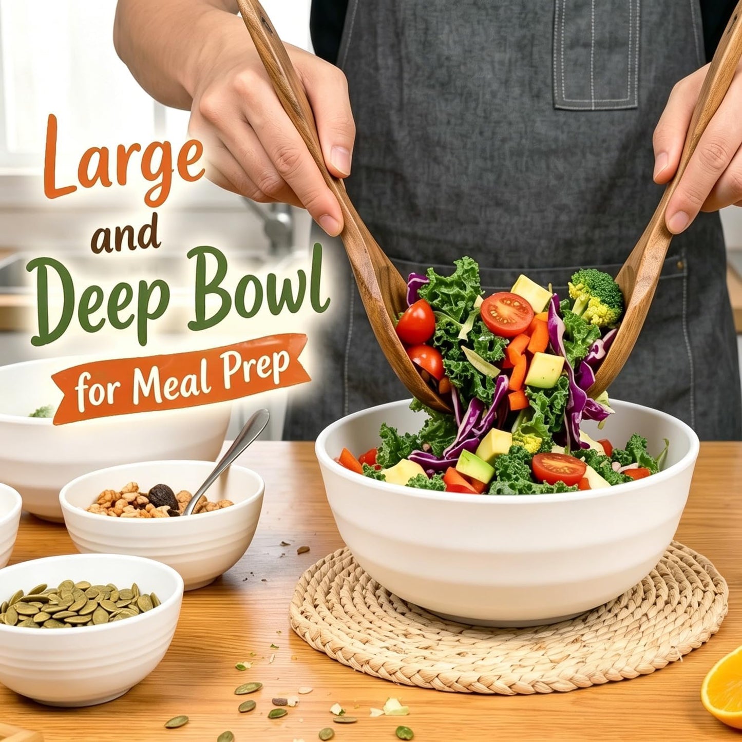 Wheat Straw Bowls 40 OZ, Unbreakable Salad Container for Lunch, Plastic Bowls with Lids, Microwavable Meal Prep Bowls for Cereal, Ramen, Soup, Leftovers - 4 Large Bowls and 4 Lids, Multi