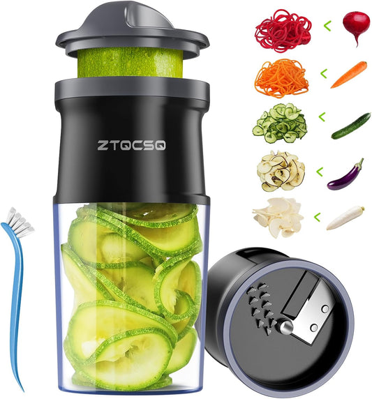 4 in 1 Vegetable Spiralizer Slicer for Veggie Noodles, Adjustable Thickness | Zucchini Spiralizer Veggie Noodle Maker for Cucumber/Zoodle/Salad/Spaghetti/Pasta with Food Container, Cleaning Brush, Black