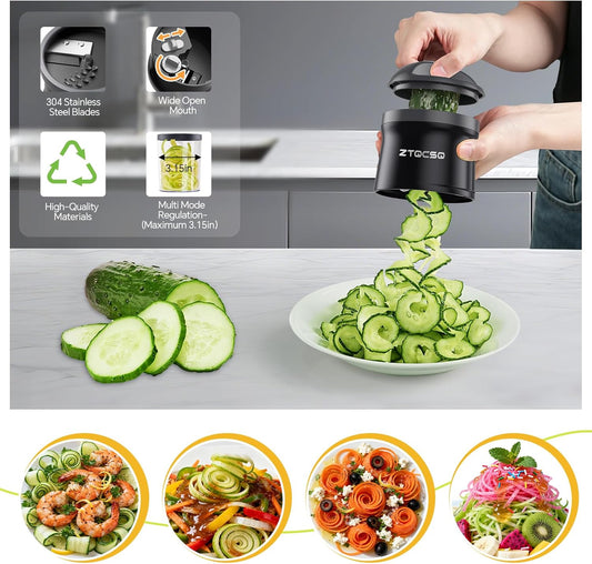 4 in 1 Vegetable Spiralizer Slicer for Veggie Noodles, Adjustable Thickness | Zucchini Spiralizer Veggie Noodle Maker for Cucumber/Zoodle/Salad/Spaghetti/Pasta with Food Container, Cleaning Brush, Black