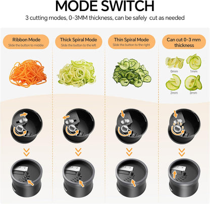 4 in 1 Vegetable Spiralizer Slicer for Veggie Noodles, Adjustable Thickness | Zucchini Spiralizer Veggie Noodle Maker for Cucumber/Zoodle/Salad/Spaghetti/Pasta with Food Container, Cleaning Brush, Black