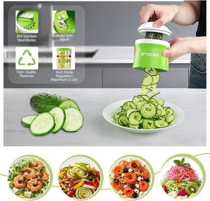 4 in 1 Vegetable Spiralizer Slicer for Veggie Noodles, Adjustable Thickness | Zucchini Spiralizer Veggie Noodle Maker for Cucumber/Zoodle/Salad/Spaghetti/Pasta with Food Container, Cleaning Brush, Black