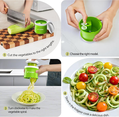 4 in 1 Vegetable Spiralizer Slicer for Veggie Noodles, Adjustable Thickness | Zucchini Spiralizer Veggie Noodle Maker for Cucumber/Zoodle/Salad/Spaghetti/Pasta with Food Container, Cleaning Brush, Black