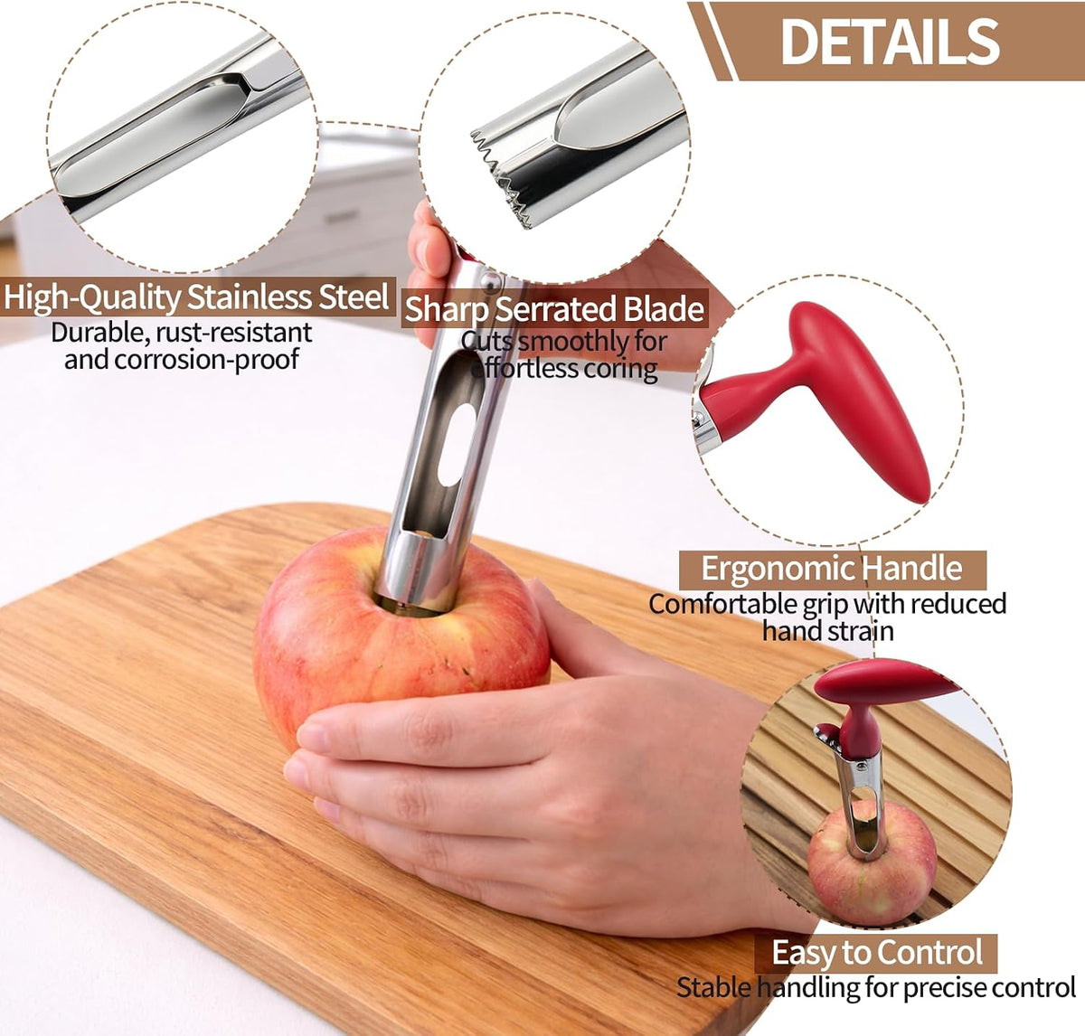 Apple Corer Tool, Ultra Sharp Serrated Blade, 304 Stainless Steel Apple Core Remover with Ergonomic Handle, Easy to Use & Clean, Dishwasher Safe for Apples, Pears & Baking – Red