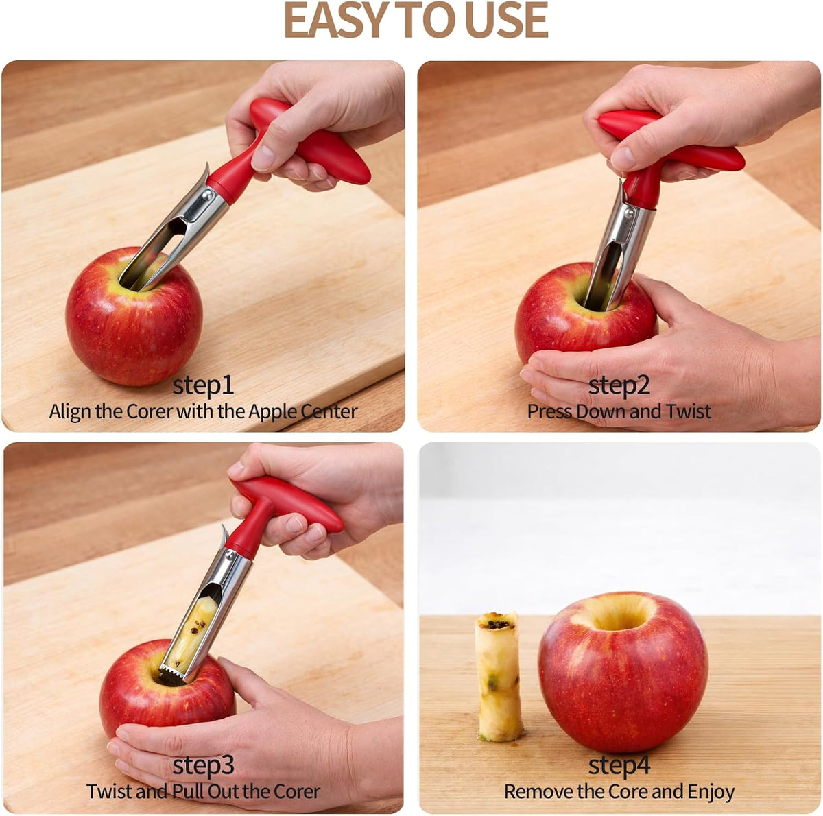 Apple Corer Tool, Ultra Sharp Serrated Blade, 304 Stainless Steel Apple Core Remover with Ergonomic Handle, Easy to Use & Clean, Dishwasher Safe for Apples, Pears & Baking – Red