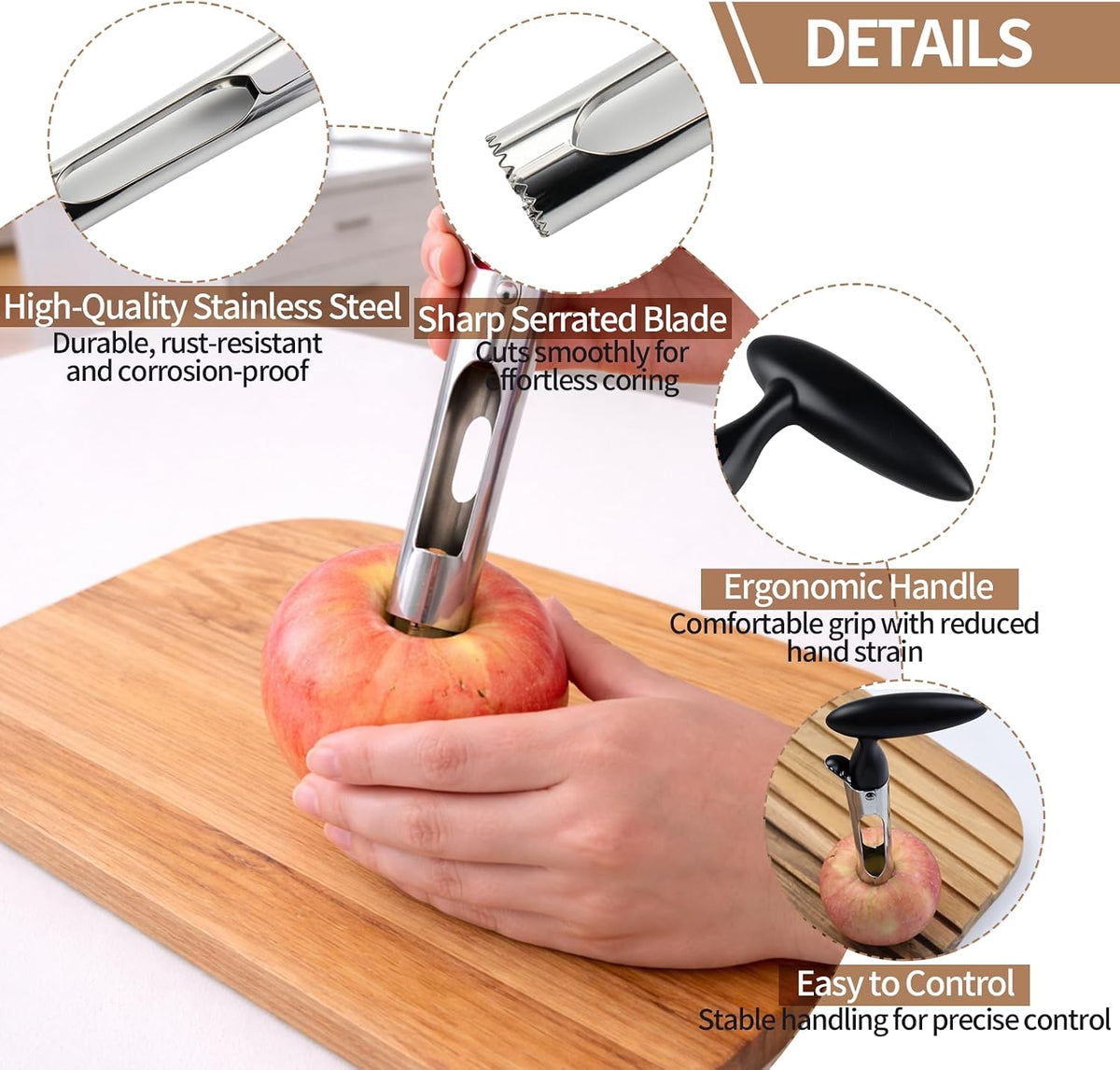 Apple Corer Tool, Ultra Sharp Serrated Blade, 304 Stainless Steel Apple Core Remover with Ergonomic Handle, Easy to Use & Clean, Dishwasher Safe for Apples, Pears & Baking – Red