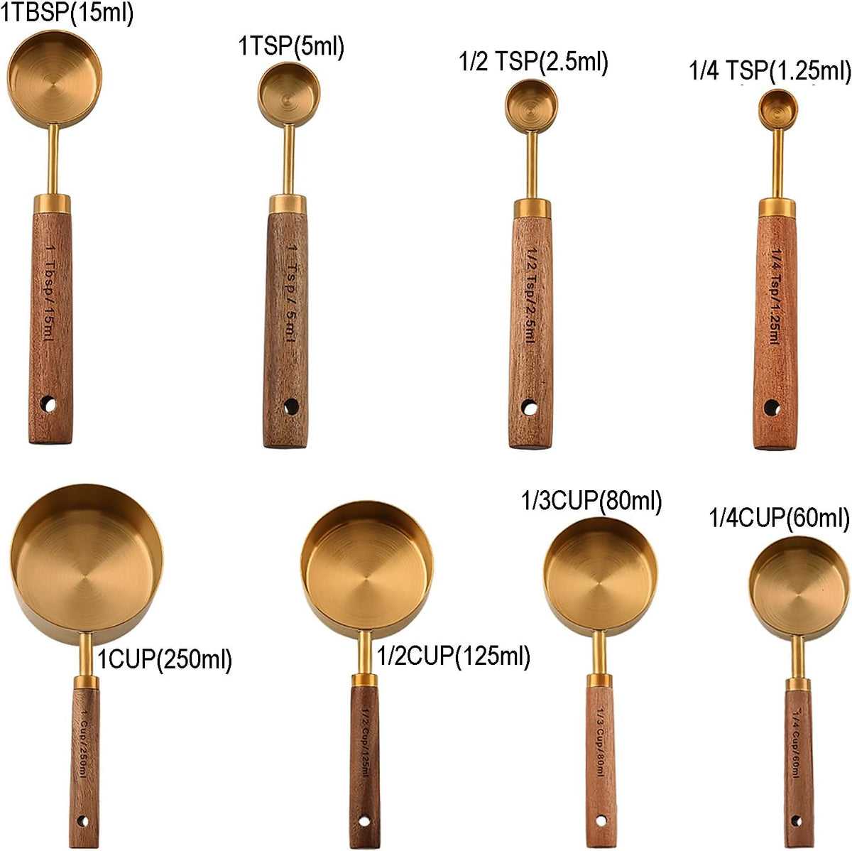 Measuring Cups and Spoons Set of 8, Stainless Steel Gold Measuring Cups Kit with Wooden Handle, Kitchen Cooking Baking Spoons Tool Set for Solid and Liquid Iingredients