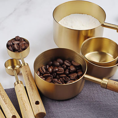 Measuring Cups and Spoons Set of 8, Stainless Steel Gold Measuring Cups Kit with Wooden Handle, Kitchen Cooking Baking Spoons Tool Set for Solid and Liquid Iingredients