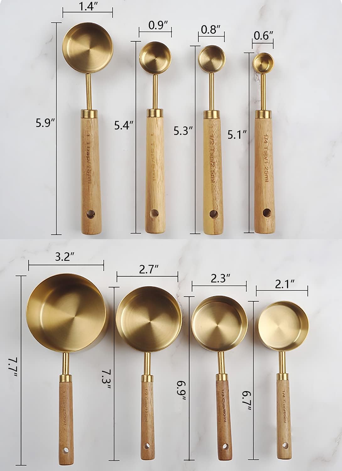 Measuring Cups and Spoons Set of 8, Stainless Steel Gold Measuring Cups Kit with Wooden Handle, Kitchen Cooking Baking Spoons Tool Set for Solid and Liquid Iingredients