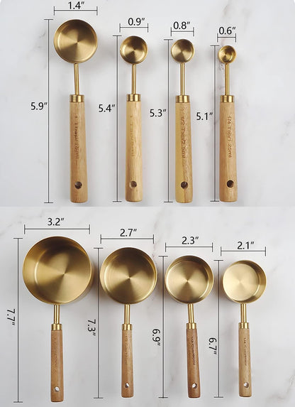 Measuring Cups and Spoons Set of 8, Stainless Steel Gold Measuring Cups Kit with Wooden Handle, Kitchen Cooking Baking Spoons Tool Set for Solid and Liquid Iingredients