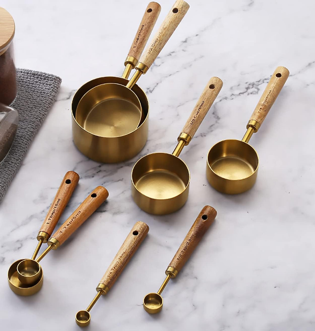 Measuring Cups and Spoons Set of 8, Stainless Steel Gold Measuring Cups Kit with Wooden Handle, Kitchen Cooking Baking Spoons Tool Set for Solid and Liquid Iingredients