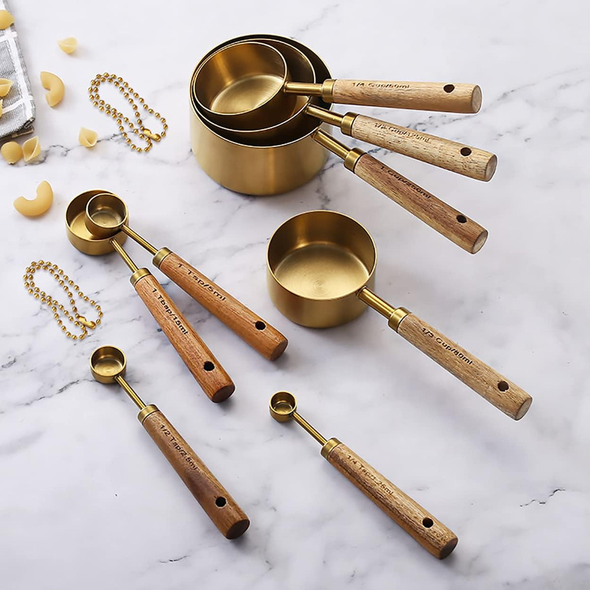 Measuring Cups and Spoons Set of 8, Stainless Steel Gold Measuring Cups Kit with Wooden Handle, Kitchen Cooking Baking Spoons Tool Set for Solid and Liquid Iingredients