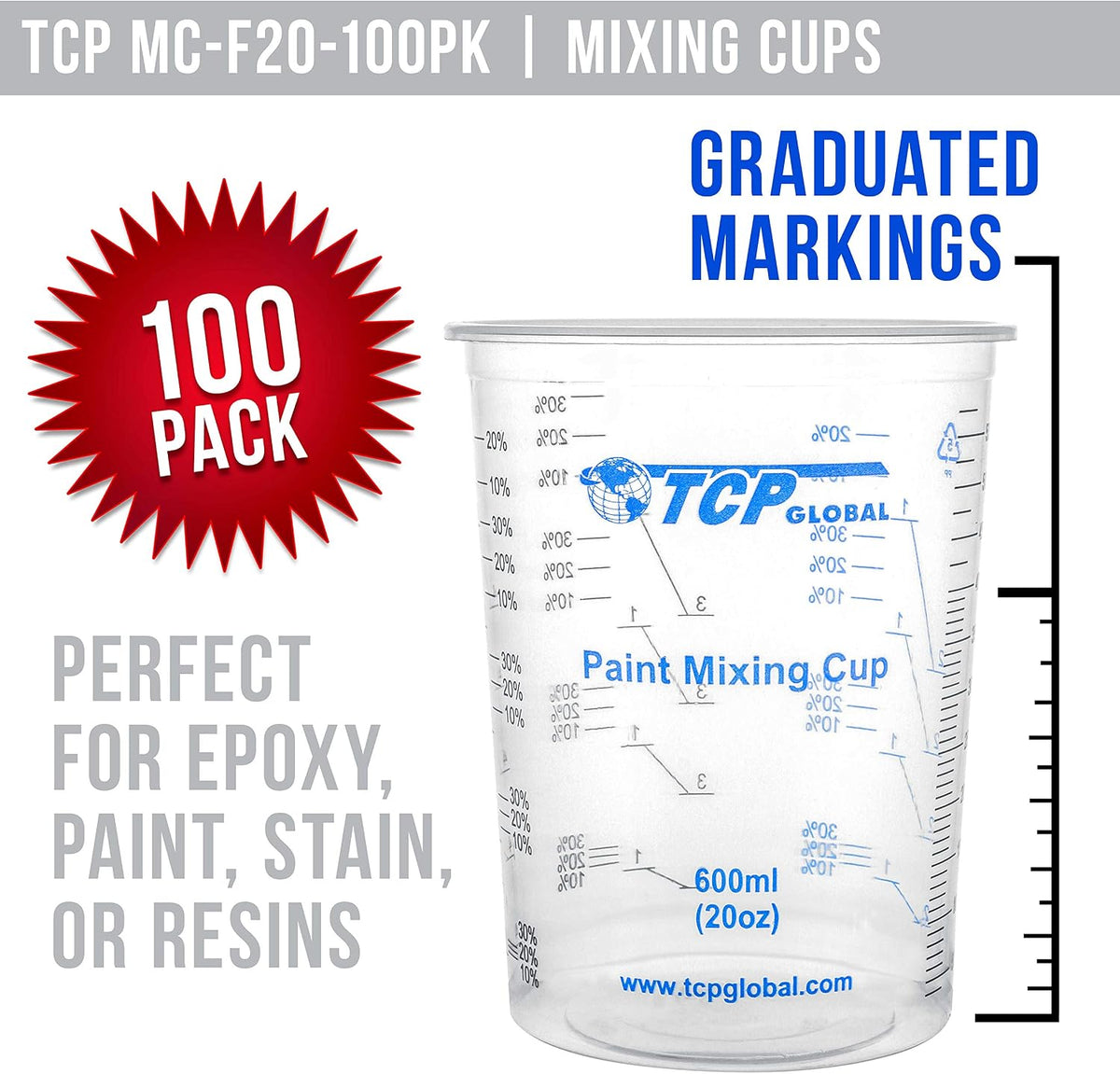 20 oz. (600ml) Graduated Plastic Mixing Cups - Box of 50