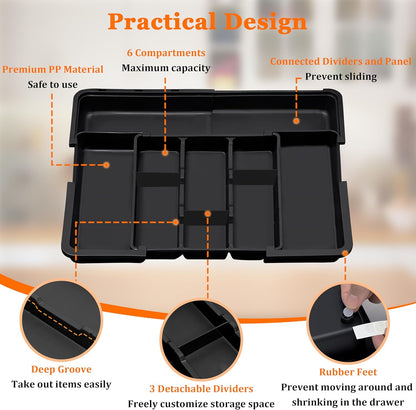Large Utensil Drawer Organizer Expandable Silverware Organizer for Kitchen Drawer Adjustable Cooking Utensil Holder Cutlery Flatware Tray Spatula Tools Gadgets Storage Dividers Plastic Black
