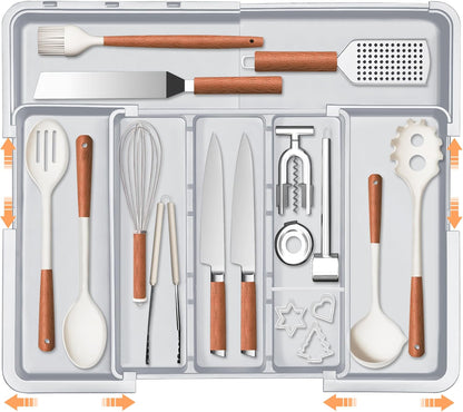 Large Utensil Drawer Organizer Expandable Silverware Organizer for Kitchen Drawer Adjustable Cooking Utensil Holder Cutlery Flatware Tray Spatula Tools Gadgets Storage Dividers Plastic Black