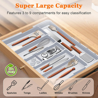 Large Utensil Drawer Organizer Expandable Silverware Organizer for Kitchen Drawer Adjustable Cooking Utensil Holder Cutlery Flatware Tray Spatula Tools Gadgets Storage Dividers Plastic Black