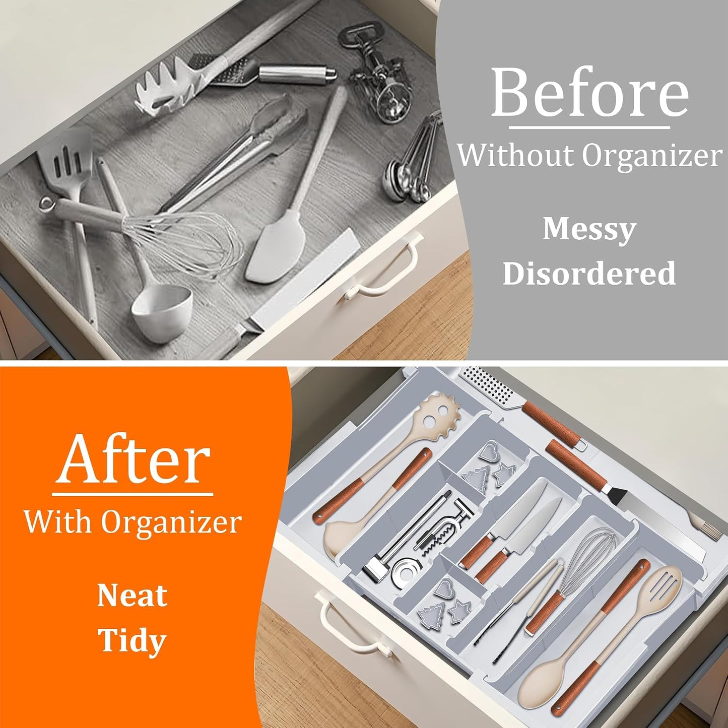 Large Utensil Drawer Organizer Expandable Silverware Organizer for Kitchen Drawer Adjustable Cooking Utensil Holder Cutlery Flatware Tray Spatula Tools Gadgets Storage Dividers Plastic Black
