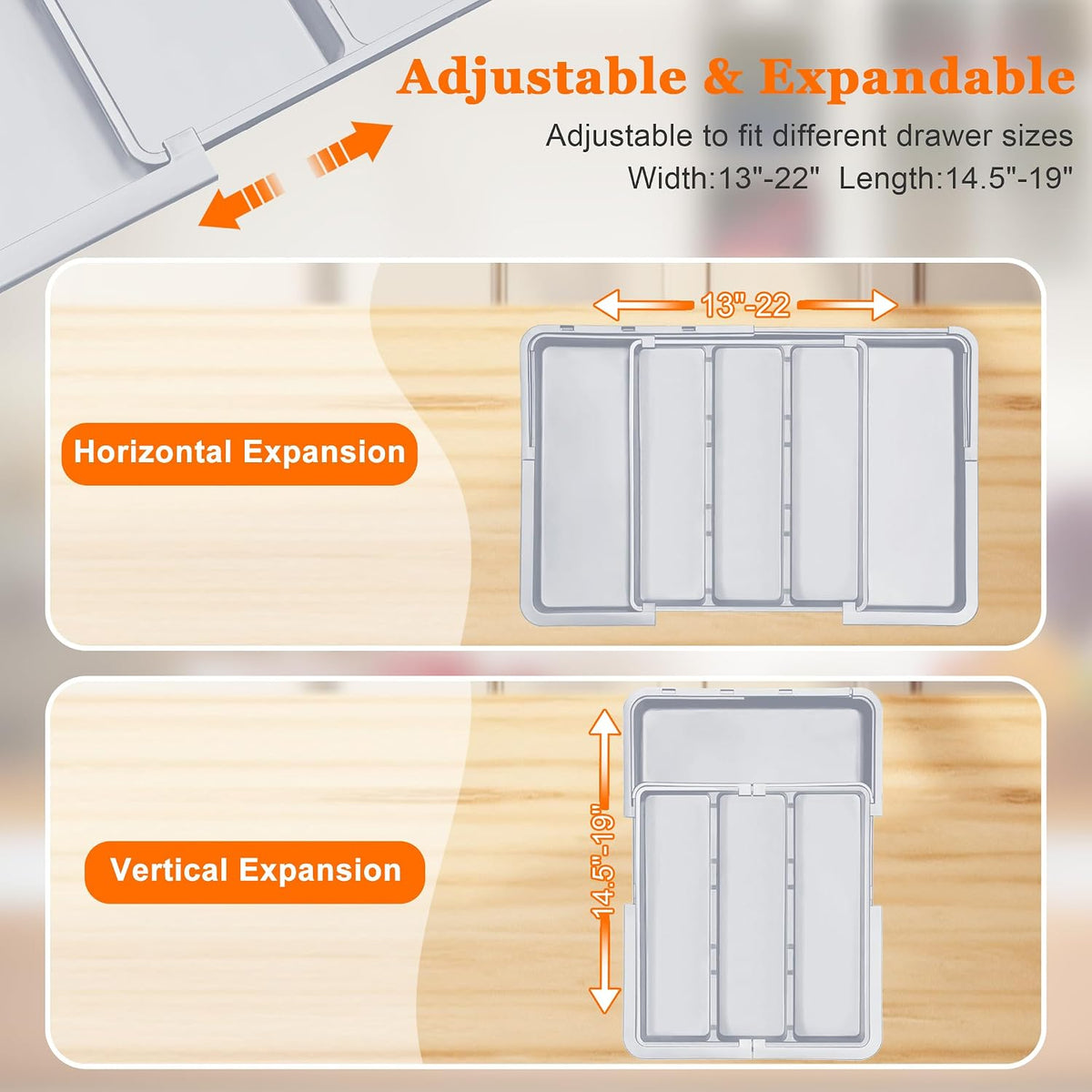 Large Utensil Drawer Organizer Expandable Silverware Organizer for Kitchen Drawer Adjustable Cooking Utensil Holder Cutlery Flatware Tray Spatula Tools Gadgets Storage Dividers Plastic Black