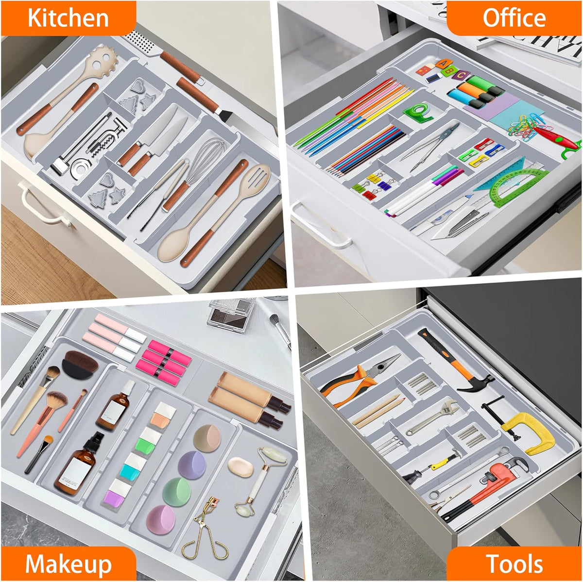 Large Utensil Drawer Organizer Expandable Silverware Organizer for Kitchen Drawer Adjustable Cooking Utensil Holder Cutlery Flatware Tray Spatula Tools Gadgets Storage Dividers Plastic Black