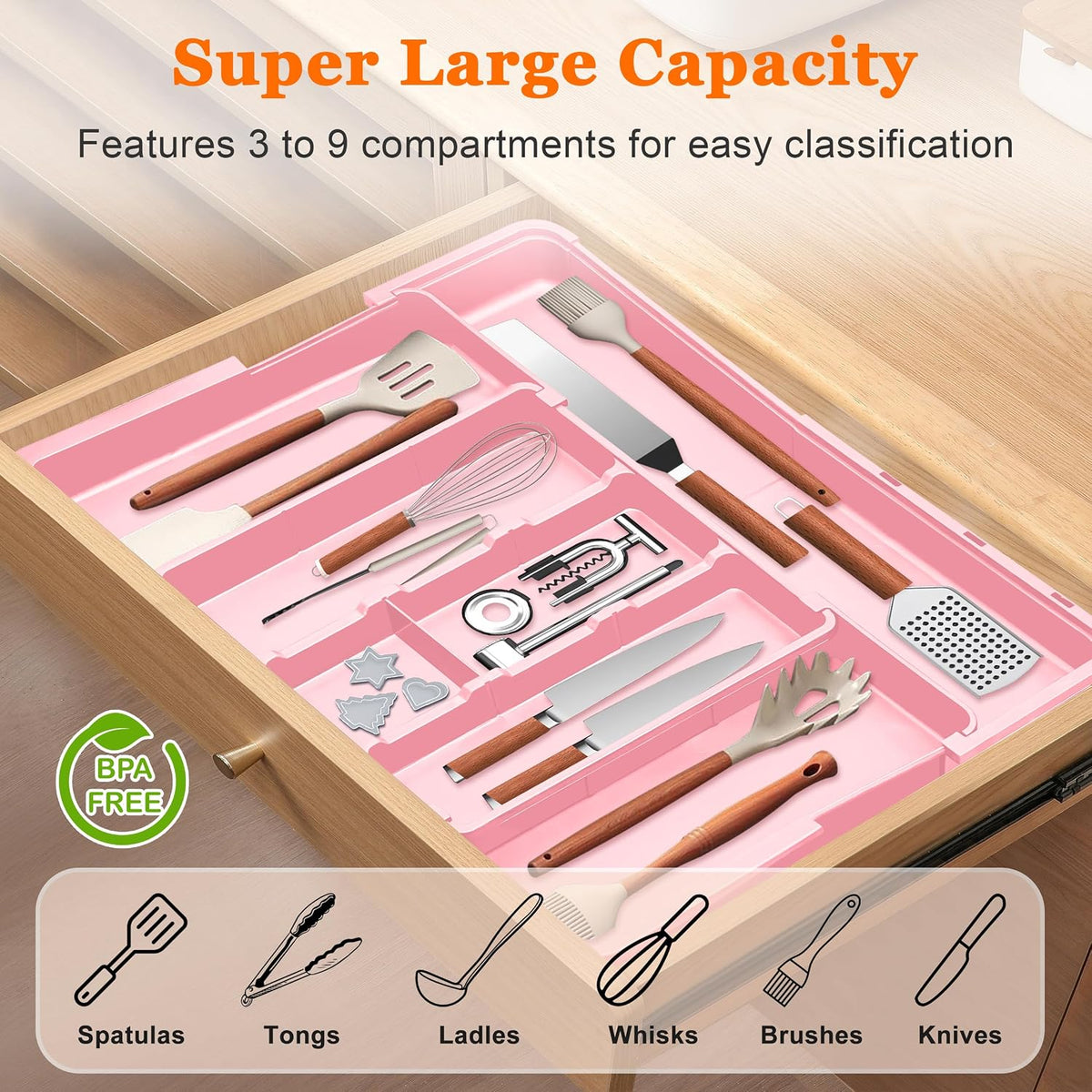 Large Utensil Drawer Organizer Expandable Silverware Organizer for Kitchen Drawer Adjustable Cooking Utensil Holder Cutlery Flatware Tray Spatula Tools Gadgets Storage Dividers Plastic Black