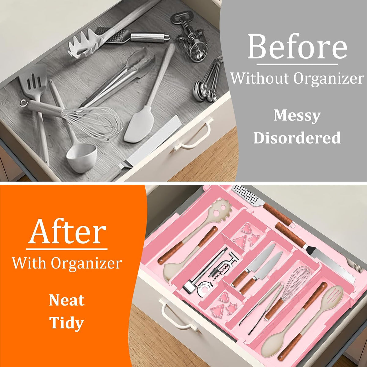 Large Utensil Drawer Organizer Expandable Silverware Organizer for Kitchen Drawer Adjustable Cooking Utensil Holder Cutlery Flatware Tray Spatula Tools Gadgets Storage Dividers Plastic Black