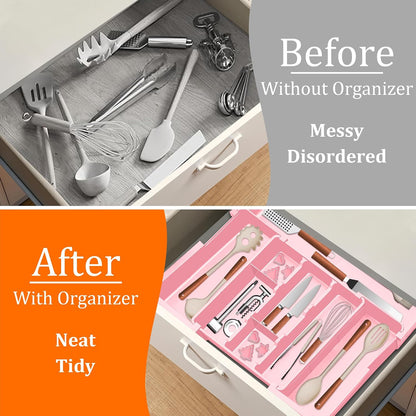 Large Utensil Drawer Organizer Expandable Silverware Organizer for Kitchen Drawer Adjustable Cooking Utensil Holder Cutlery Flatware Tray Spatula Tools Gadgets Storage Dividers Plastic Black