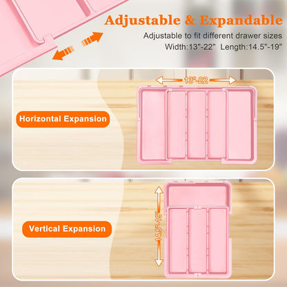 Large Utensil Drawer Organizer Expandable Silverware Organizer for Kitchen Drawer Adjustable Cooking Utensil Holder Cutlery Flatware Tray Spatula Tools Gadgets Storage Dividers Plastic Black
